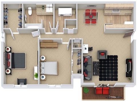 Floor plan for 2 beds, 1 bath, 941 sqft